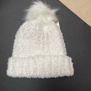 Women's Boucle Knit White Beanie with Pom Pom